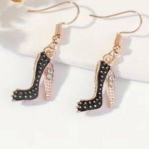 Crystal Rhinestone Enamel High Platform Heel Stiletto 1.5”Earrings Black NEW NWT